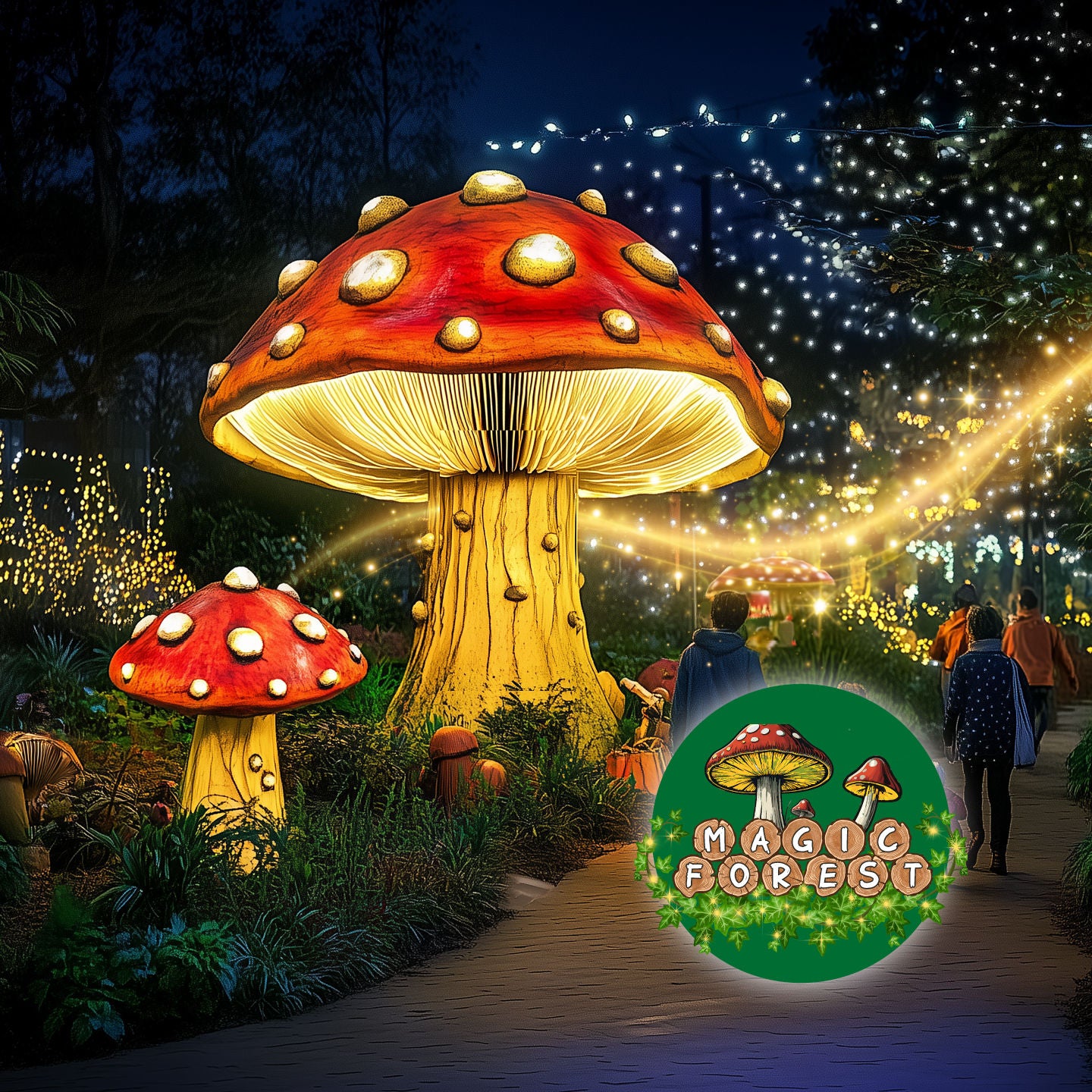 Logo Magic Forest. Bezoekers wandelen langs verlichte paddenstoelen en onder sfeervolle lichtjes.