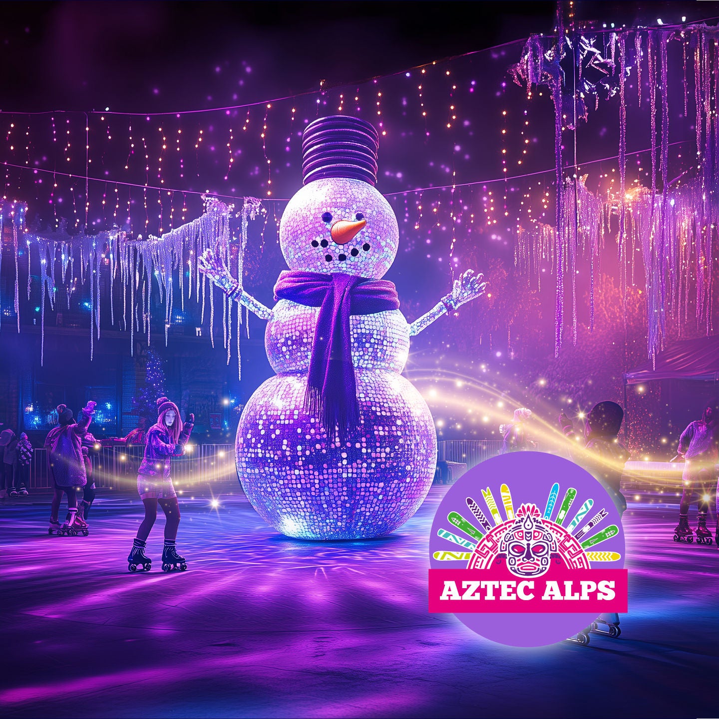 Logo Aztec Alps. Bezoekers glijden met hun rolschaatsen langs een sneeuwman van discobollen en onder lichtslingers.