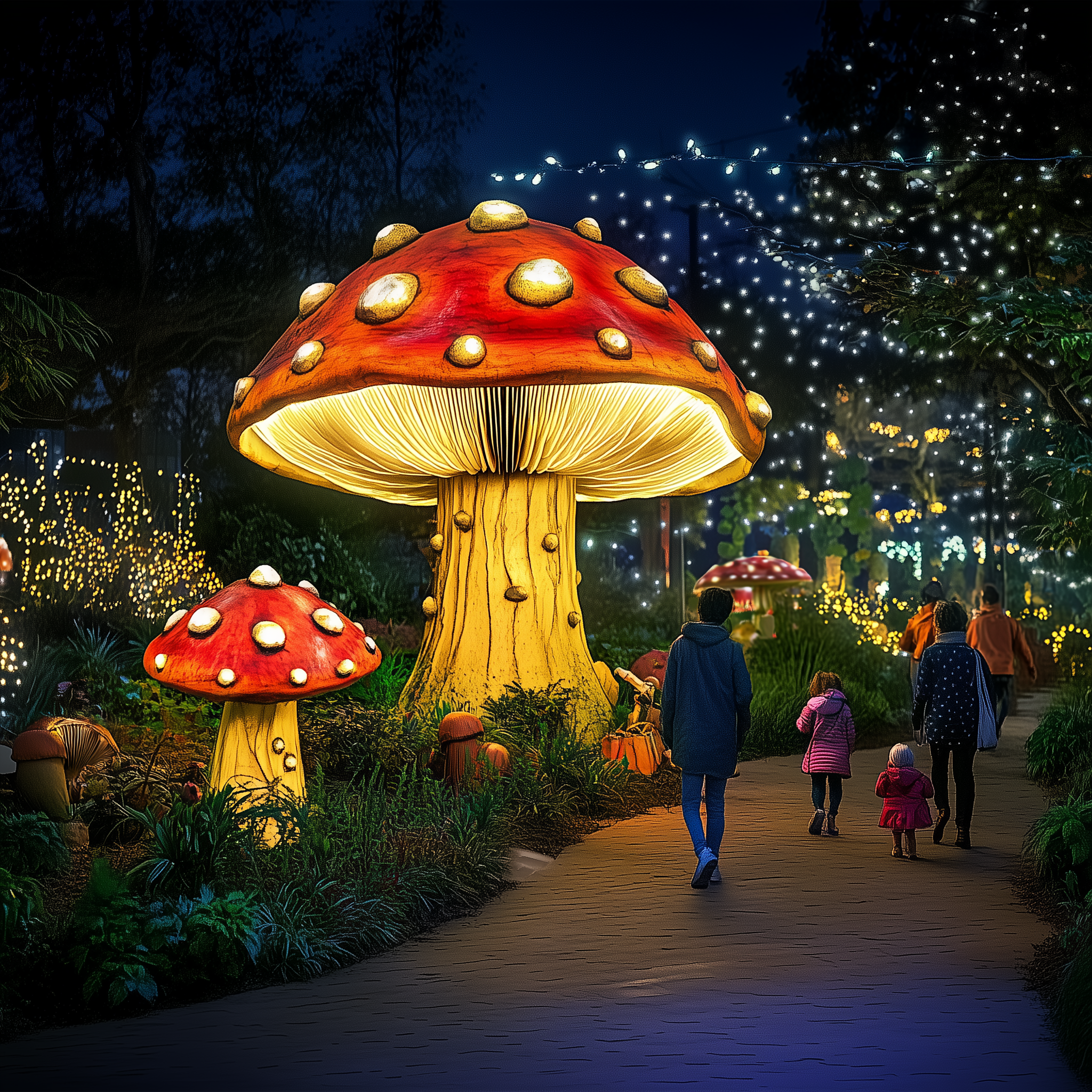 Bezoekers wandelen langs verlichte paddenstoelen en onder sfeervolle lichtjes in Magic Forest.